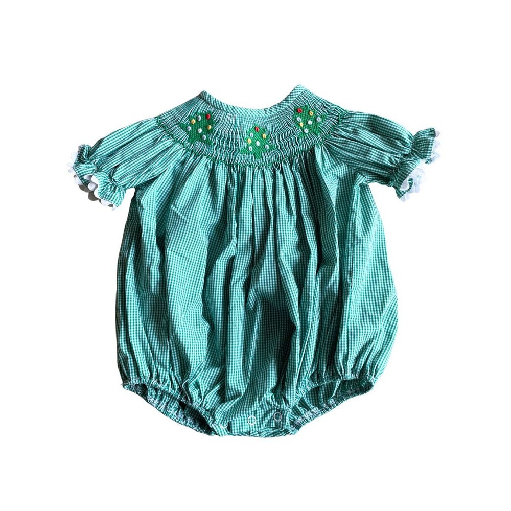Stitchy Fish Christmas Tree Smocked Bubble Romper Green Gingham Baby 3M